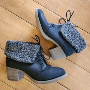 Bucco Black Faux Fur Suede Heeled Lace Up Ankle Boots